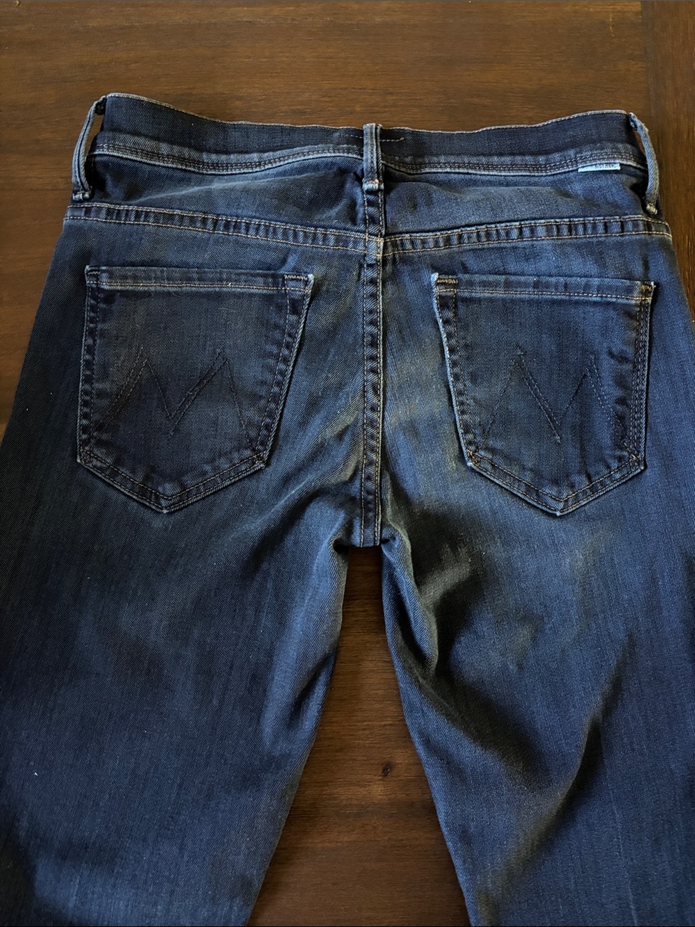 MOTHER Dark Blue “The Cruiser” bootcut Jeans with Back Pocket 'M' Stitch